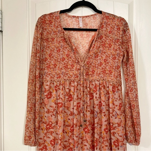 XHILERATION Dusty peach floral maxi dress boho cottagecore sundress ~ XS SMALL - Picture 3 of 15